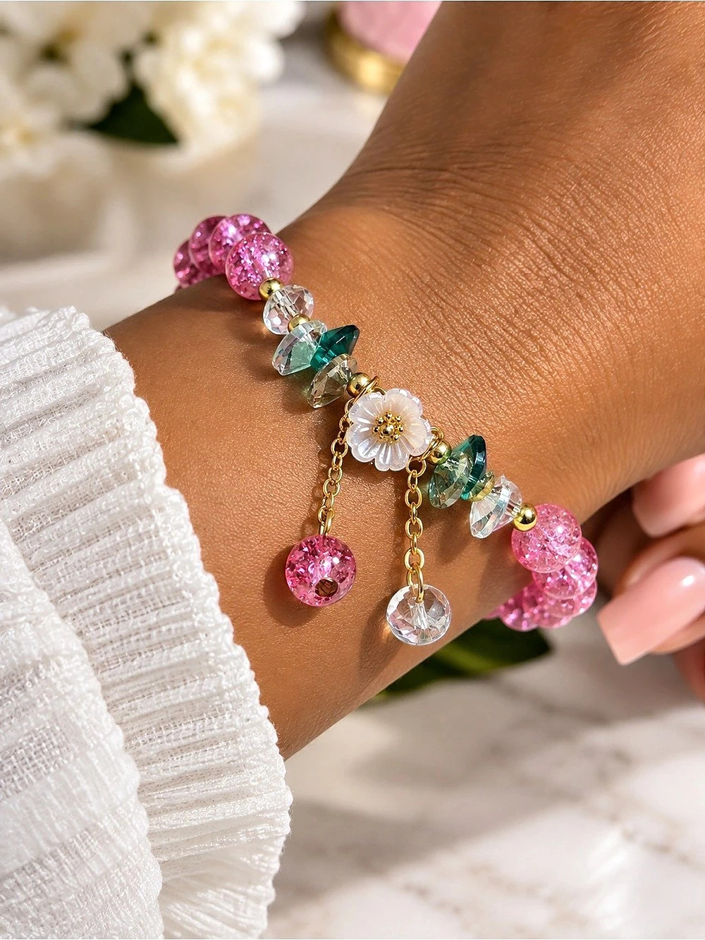 Pink & Green Beaded Charm Bracelet Like New